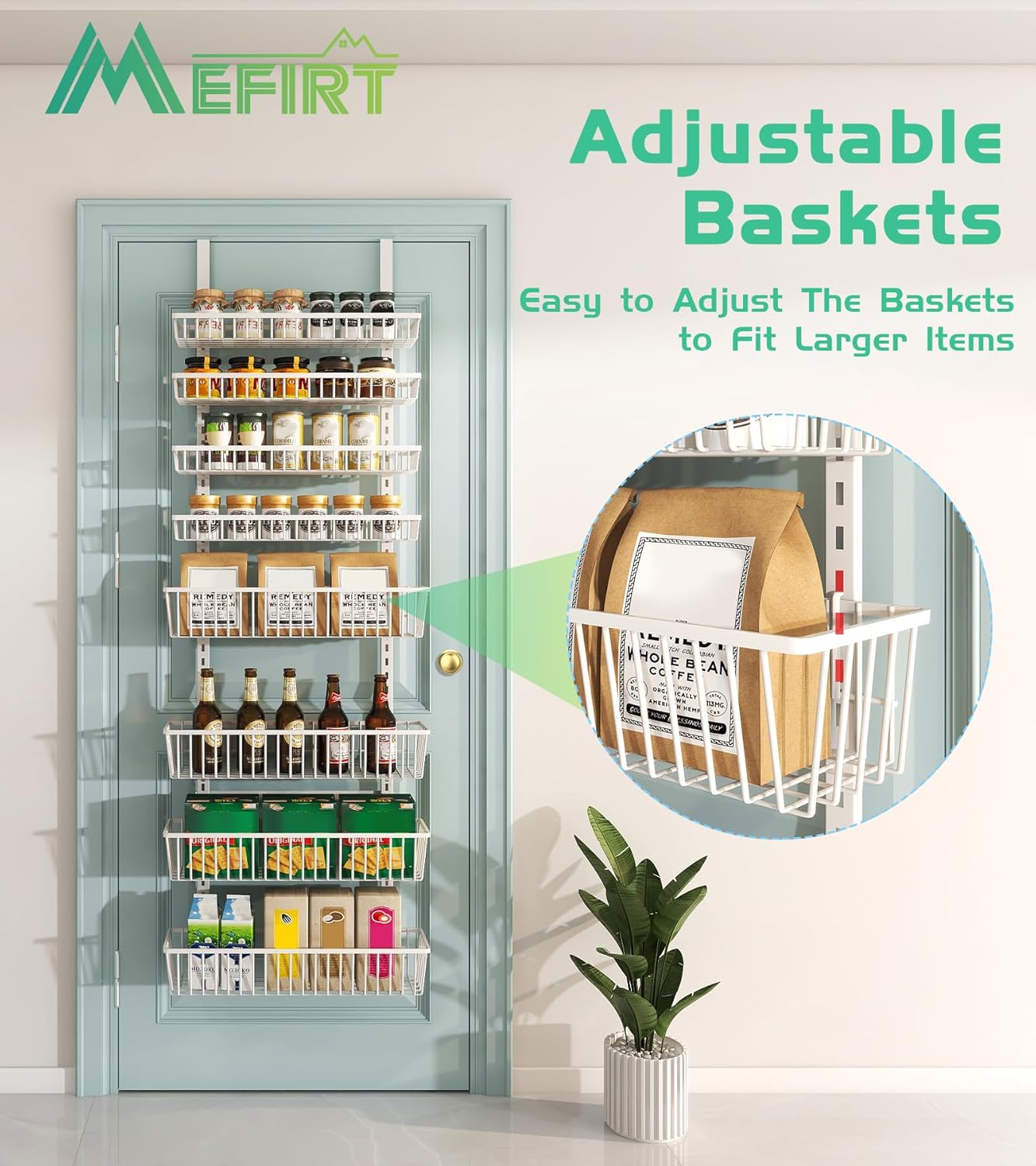 Mefirt White 9-Tier Over The Door Pantry Organizer, Pantry Organization and Storage, Deep Baskets Hanging Heavy-Duty Metal, Wall Spice Rack Seasoning Shelves for Home & Kitchen, Laundry Room Bathroom