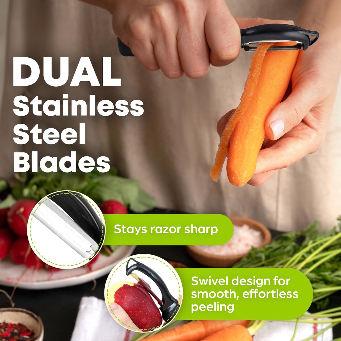 Zulay Kitchen Premium Vegetable Peeler for Kitchen - Swivel Peeler with Razor Sharp Stainless Steel Blades & Strong Ergonomic Handle - Dishwasher Safe, Easy To Use with Blemish Remover - Black