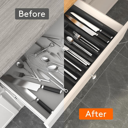 Lifewit Silverware Drawer Organizer, Expandable Utensil Tray for Kitchen, BPA Free Flatware and Cutlery Holder, Adjustable Plastic Storage for Spoons Forks Knives, 11-18 x 14", Black