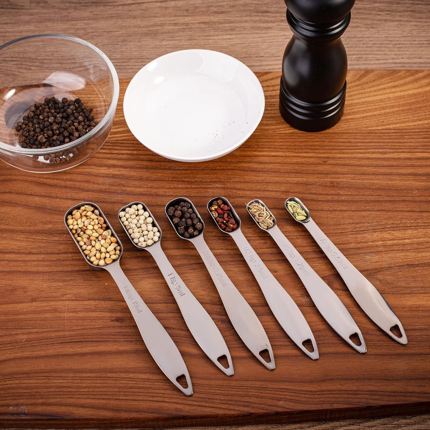 13-piece Measuring Cups and Spoons Set, 18/8 Stainless Steel Heavy Duty Ergonomic Handle with Ring Connector, Silver