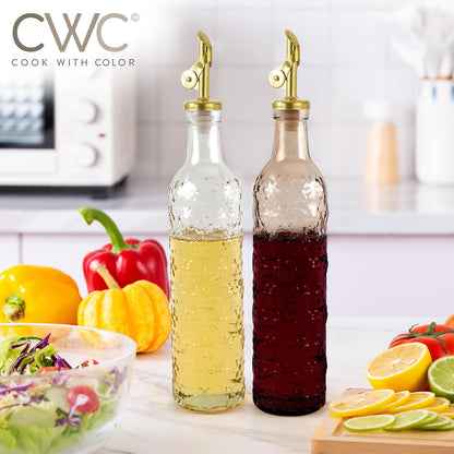 COOK WITH COLOR Glass Olive Oil Bottle Dispenser - 2 Pack- 17oz Oil and Vinegar Cruet - Olive Oil Carafe Decanter for Kitchen, Elegant Waves, Clear