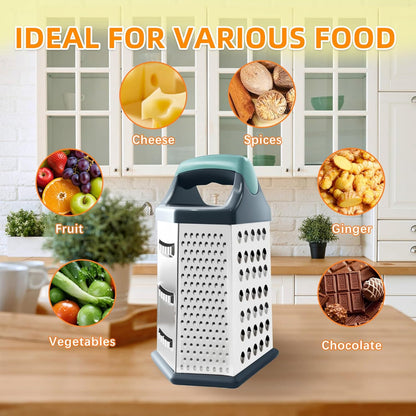 Cheese Grater, 6 Sides Box Graters for Kitchen, Stainless Steel Food Shredders for Cheese Vegetables Potatoes Carrot (Pink Handle)