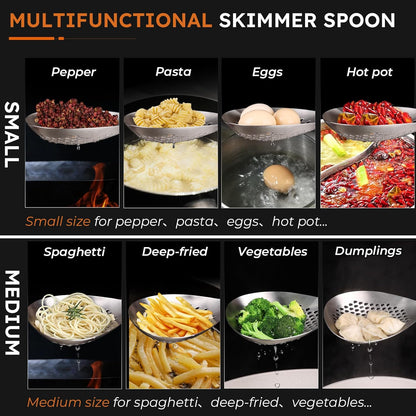 MARTE Skimmer Slotted Spoon Set of 4 - Kitchen Pasta Strainer Spoon - Spider Strainer Skimmer Ladle Spoon with Holder for Cooking and Frying Food, Spaghetti, Vegetable, Dumpling - 14.8In,16.5In,17In