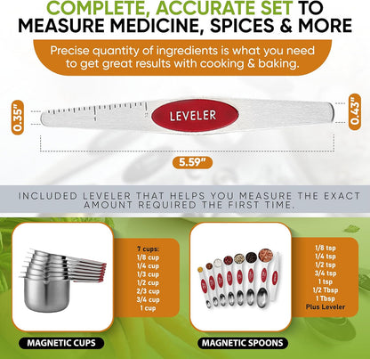 Spring Chef Magnetic Measuring Cups & Spoons Set, Patented, Strong N45 Magnets, Heavy Duty Stainless Steel Fits in Spice Jars for Baking & Cooking, BPA Free, Round Set of 15 with Leveler, Black