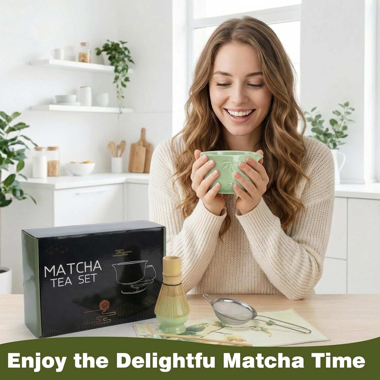 Matcha Whisk Set -7 Pcs Ceramic Matcha Kit Includes Matcha Bowl,Holder,Matcha Sifter, Bamboo Whisk (Chasen),Matcha Spoon and Scoop and Tea Towel,Matcha Kit for Matcha Lovers(Cyan)