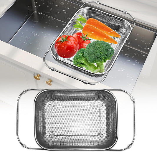 Adjustable Over Sink Colander, 14.2" to 17.4" Expandable Fine Mesh Food Strainer, Dishwasher Safe Drain Basket for Vegetables Fruit Pasta, Fits Small & Medium Kitchen Sinks