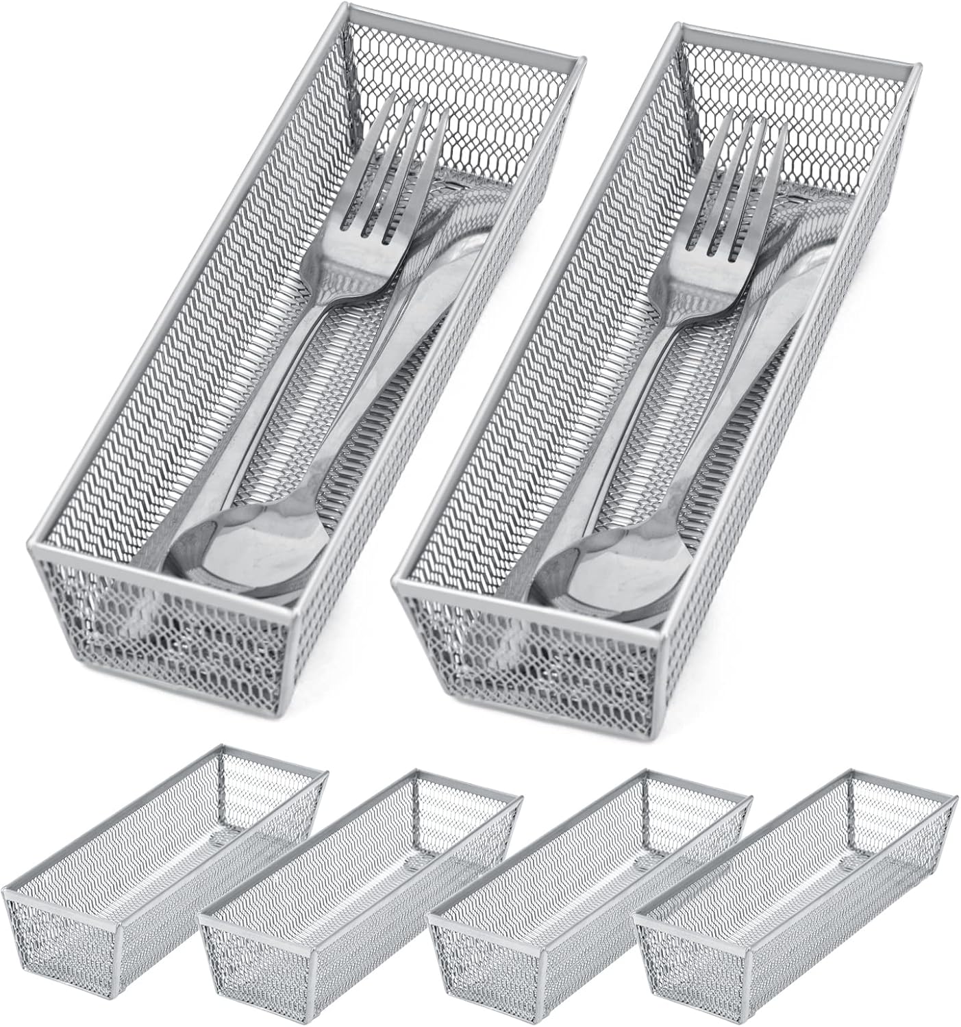 Neudeco Silverware Drawer Organizer - 5 Compartment Cutlery Tray with Non-Slip Feet, Mesh Wire Flatware Storage Divider for Kitchen, Bedroom, Living Room (Silver)