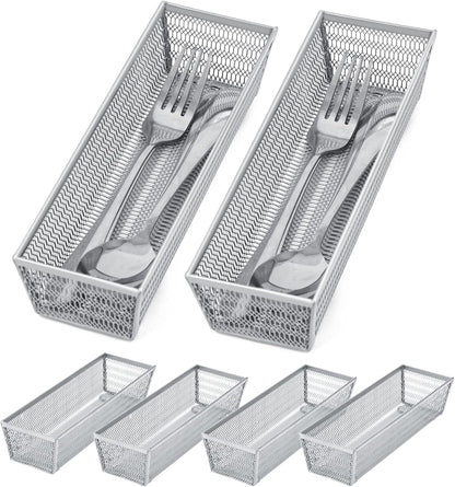 Neudeco Silverware Drawer Organizer - 5 Compartment Cutlery Tray with Non-Slip Feet, Mesh Wire Flatware Storage Divider for Kitchen, Bedroom, Living Room (Silver)