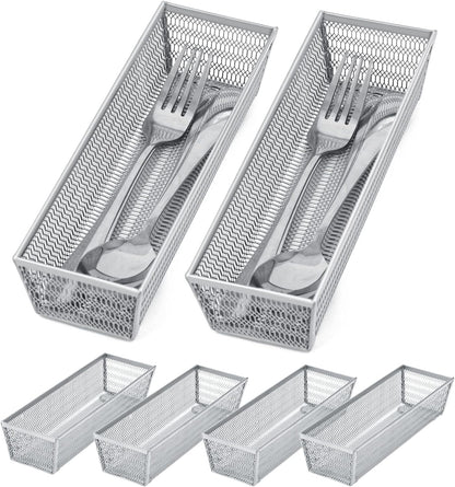 Neudeco Silverware Drawer Organizer - 5 Compartment Cutlery Tray with Non-Slip Feet, Mesh Wire Flatware Storage Divider for Kitchen, Bedroom, Living Room (Silver)