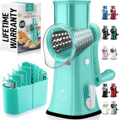 Zulay Kitchen Rotary Cheese Grater 5 Blade Cheese Shredder - Manual Hand Crank Cheese Grater With Reinforced Suction & 5 Interchangeable Drums - Easy to Use, Vegetable Chopper Round Mandoline Slicer - Colors A