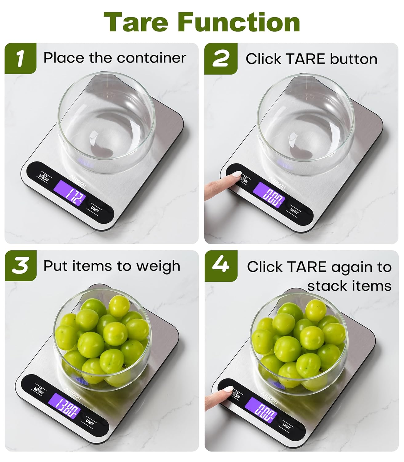 Atogou Food Scale, 33lb/ 15kg Digital Kitchen Scale with Full View LCD Display, Durable Stainless Steel Surface, for Cooking, Baking, Meal Prep Black