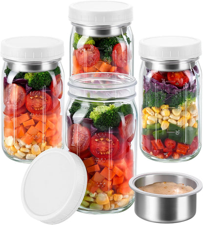 KTKUDY 4 Pack 32 oz Glass Salad Jars with Dressing Cups (Pod) - Meal Prep Salad Container for Lunch - Leakproof Mason Jars with Lids