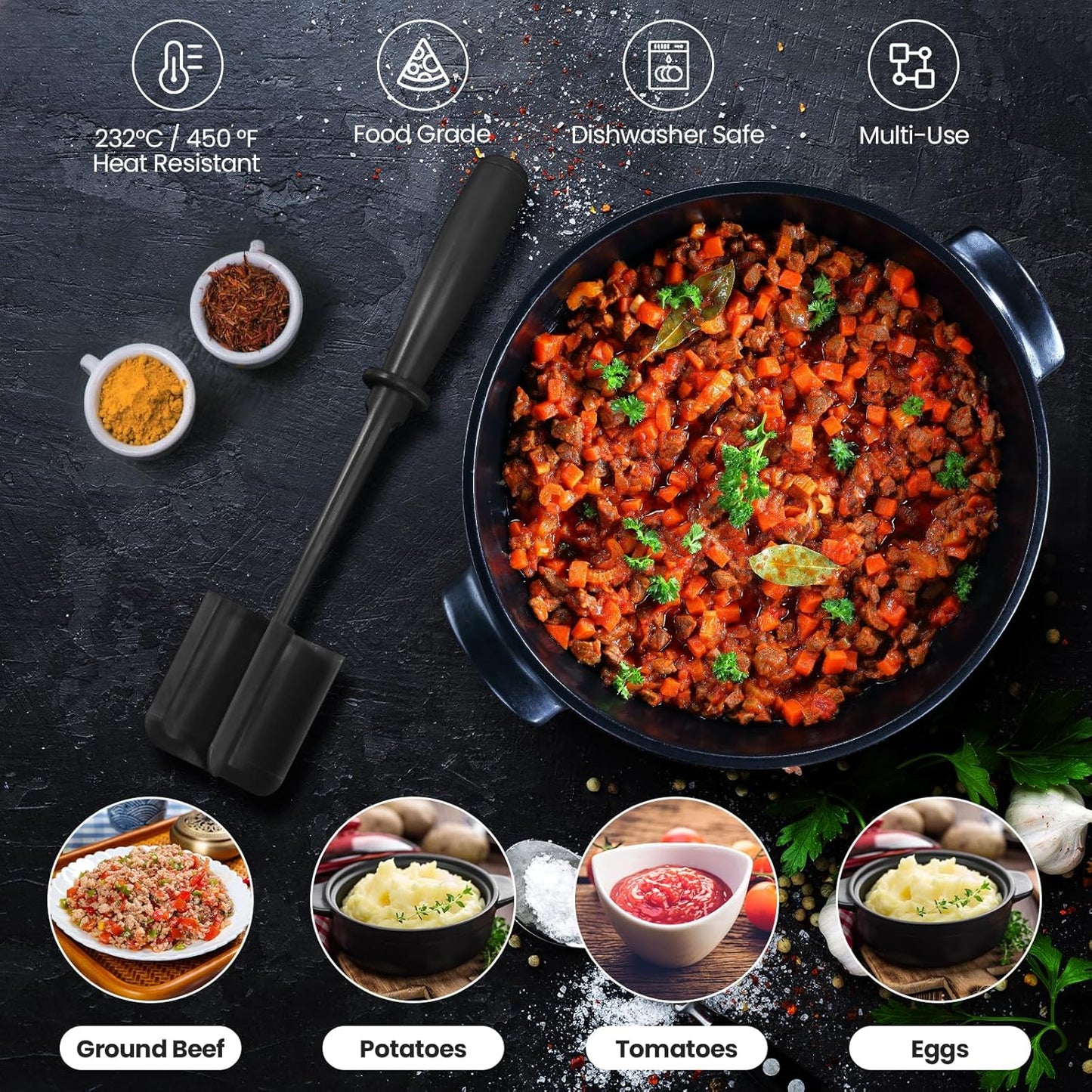 CUNSENR Premium Meat Chopper - 5 Curve Blade Ground Beef Smasher Tool - Heat-Resistant Nylon Meat Masher for Ground Beef, Hamburger, Potatoes - Non-Stick Ground Meat Chopper for Easy Mixing - Black