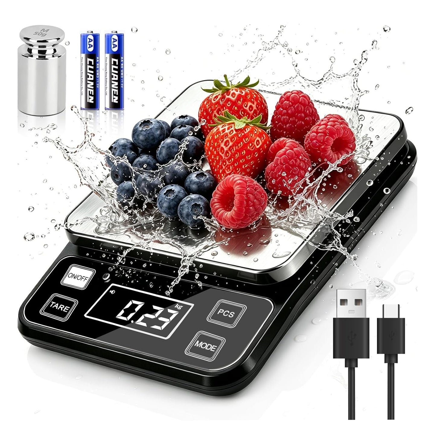 Waterproof Food Scale, 22lb Digital Kitchen Scale with Batteries, 304 Stainless Steel Precision Gram Scale for Baking, Cooking, Meal Prep, Tare Function