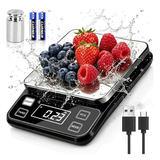 Waterproof Food Scale, 22lb Digital Kitchen Scale with Batteries, 304 Stainless Steel Precision Gram Scale for Baking, Cooking, Meal Prep, Tare Function