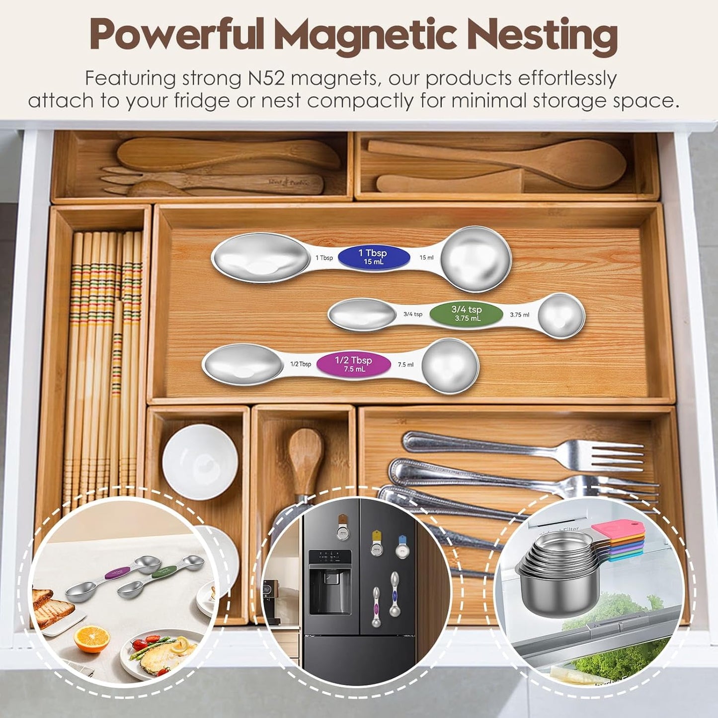 Magnetic Measuring Cups and Spoons Set - 304 Stainless Steel | Dual-sided Design | Set of 15 with Leveler | Strong N52 Magnetic Nesting Design | for Dry & Liquid Ingredients (Black)