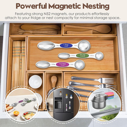 Magnetic Measuring Cups and Spoons Set - 304 Stainless Steel | Dual-sided Design | Set of 15 with Leveler | Strong N52 Magnetic Nesting Design | for Dry & Liquid Ingredients (Black)
