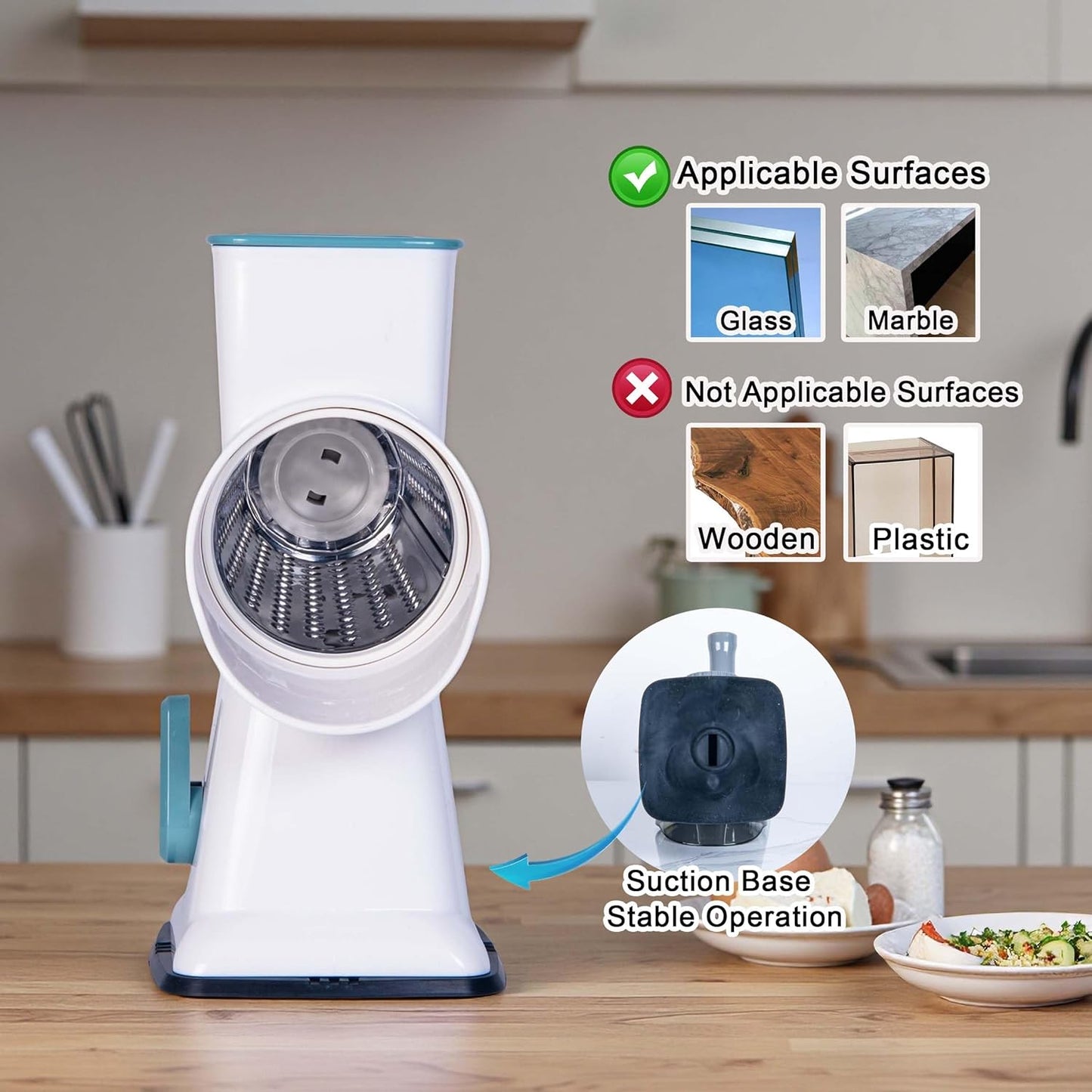 Rotary Cheese Grater Cheese Shredder, Cheese Grater Handheld with Strong Suction Base,Kitchen Vegetable Slicer 3 Replaceable Stainless Drum Blades for Fruit, Food, Nuts,Easy to Use Clean (Blue)