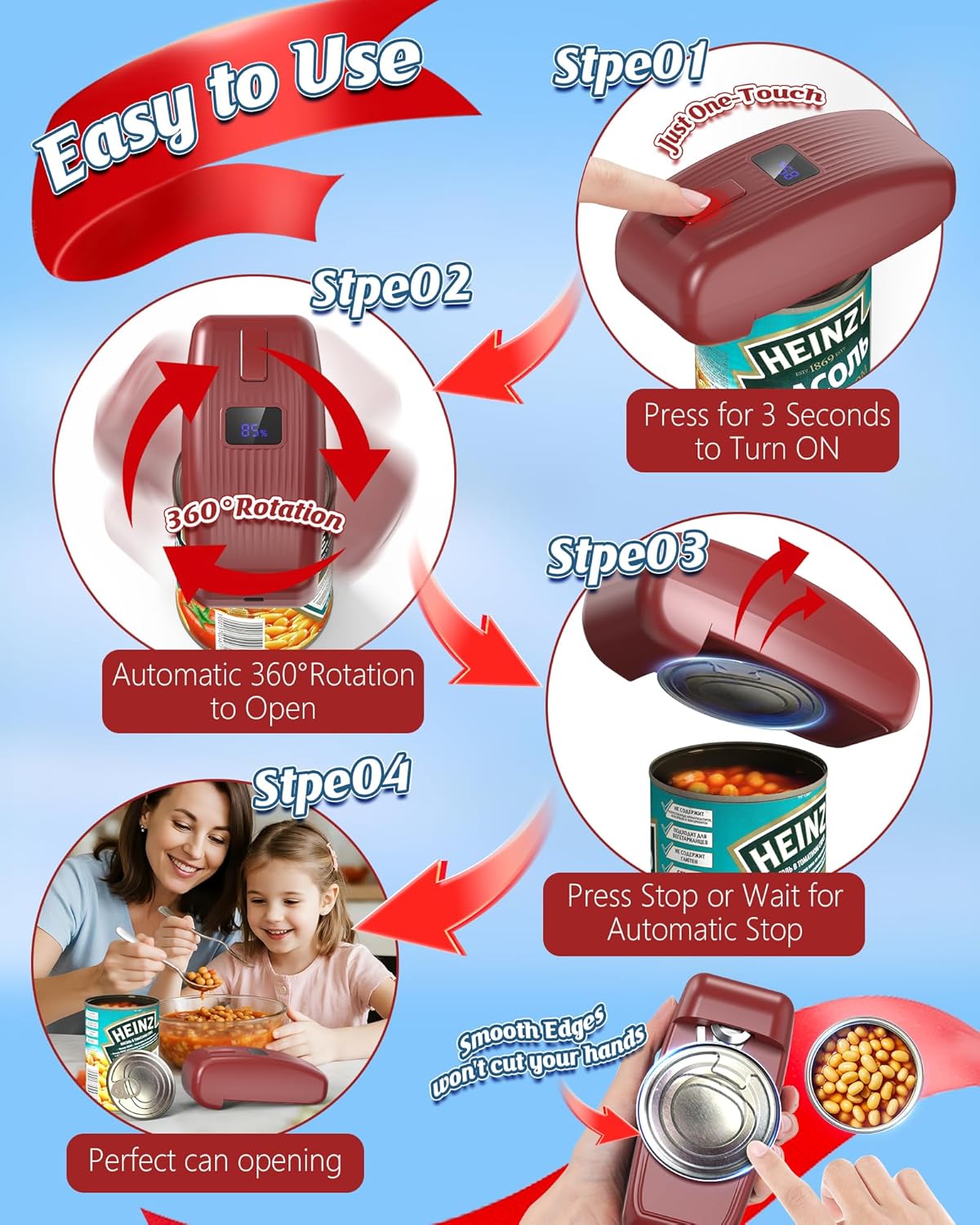 HuiJuKeJi LED Automatic Can Opener, Hands-Free One-Touch Operation Electric Can Opener, Auto-Stop Smooth Edge Safety & USB Rechargeable for Seniors Arthritis Effortless Opening Kitchen Gadget Gift