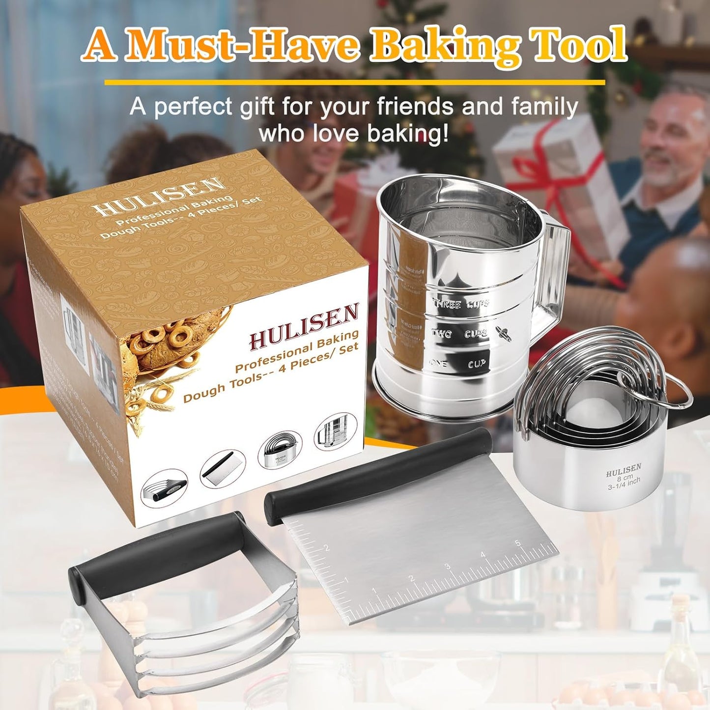 HULISEN Stainless Steel Biscuit Cutter Set, Pastry Scraper and Dough Blender, Sturdy & Long-Lasting with Ergonomic Rubber Grip, Professional Baking Dough Tools, Gift Package (3 Pcs/Set)