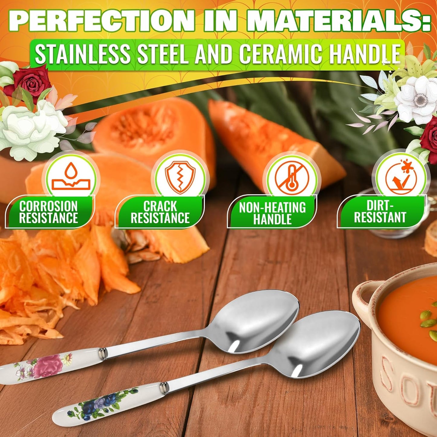 6 PCs Ceramic Handle Coffee Spoons Set – 6.1" Small Dessert Spoons with Floral Design – Stainless Steel Tea & Dessert Sugar Spoon for Coffee Bar, Espresso, Hot Drinks | Kitchen Gift Set for Women