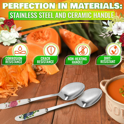6 PCs Ceramic Handle Coffee Spoons Set – 6.1" Small Dessert Spoons with Floral Design – Stainless Steel Tea & Dessert Sugar Spoon for Coffee Bar, Espresso, Hot Drinks | Kitchen Gift Set for Women