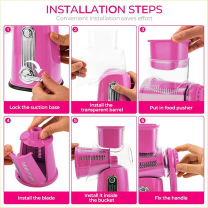 SUSTEAS Rotary Cheese Grater with Handle - Vegetable Shredder with 5 Well-designed Blades & Strong Suction Base,Round Mandoline Slicer & Food Chopper for Kitchen,with Blade Storage Box(Beige)