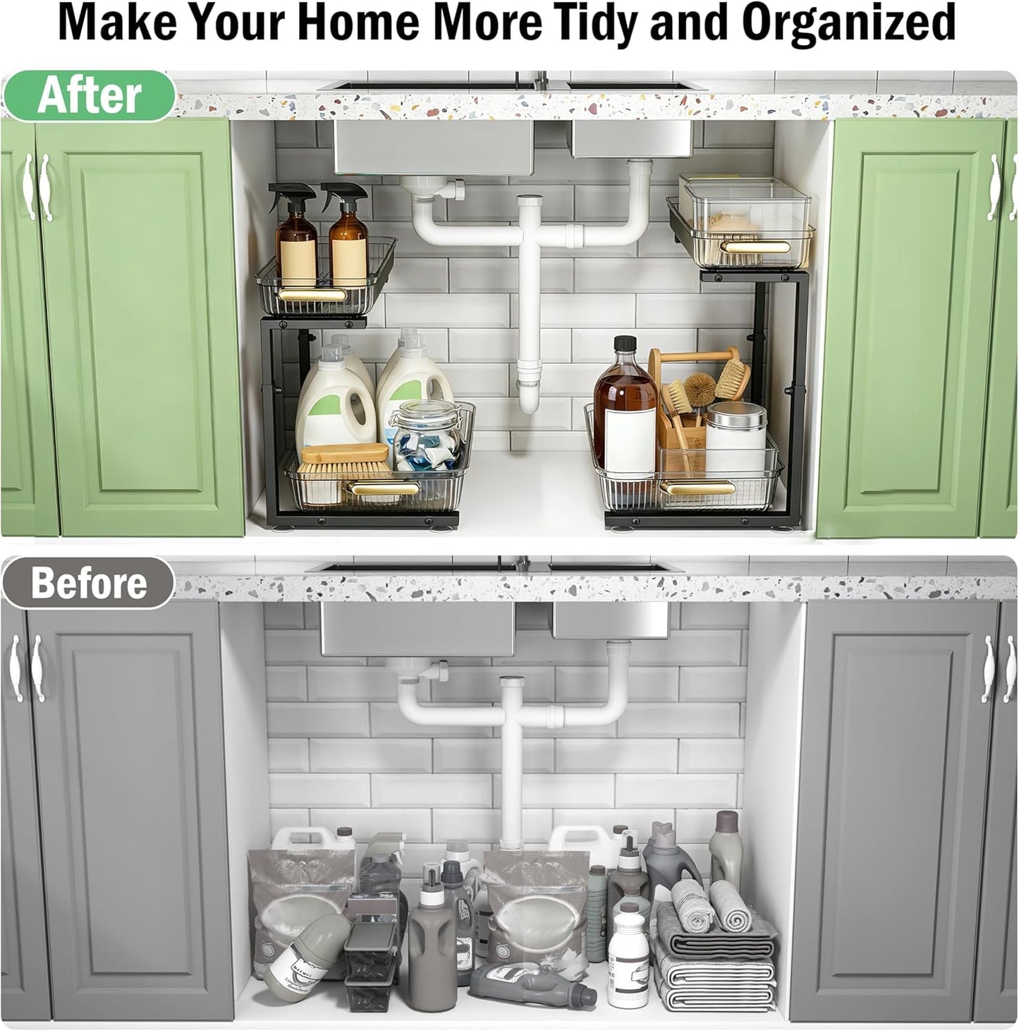 ARSTPEOE Under Sink Organizer - 2 Packs Multi-Purpose Pull-Out Storage Organizers, Slide out Pull out Metal Cabinet Organizer Shelf, Storage for Kitchen Bathroom, Black