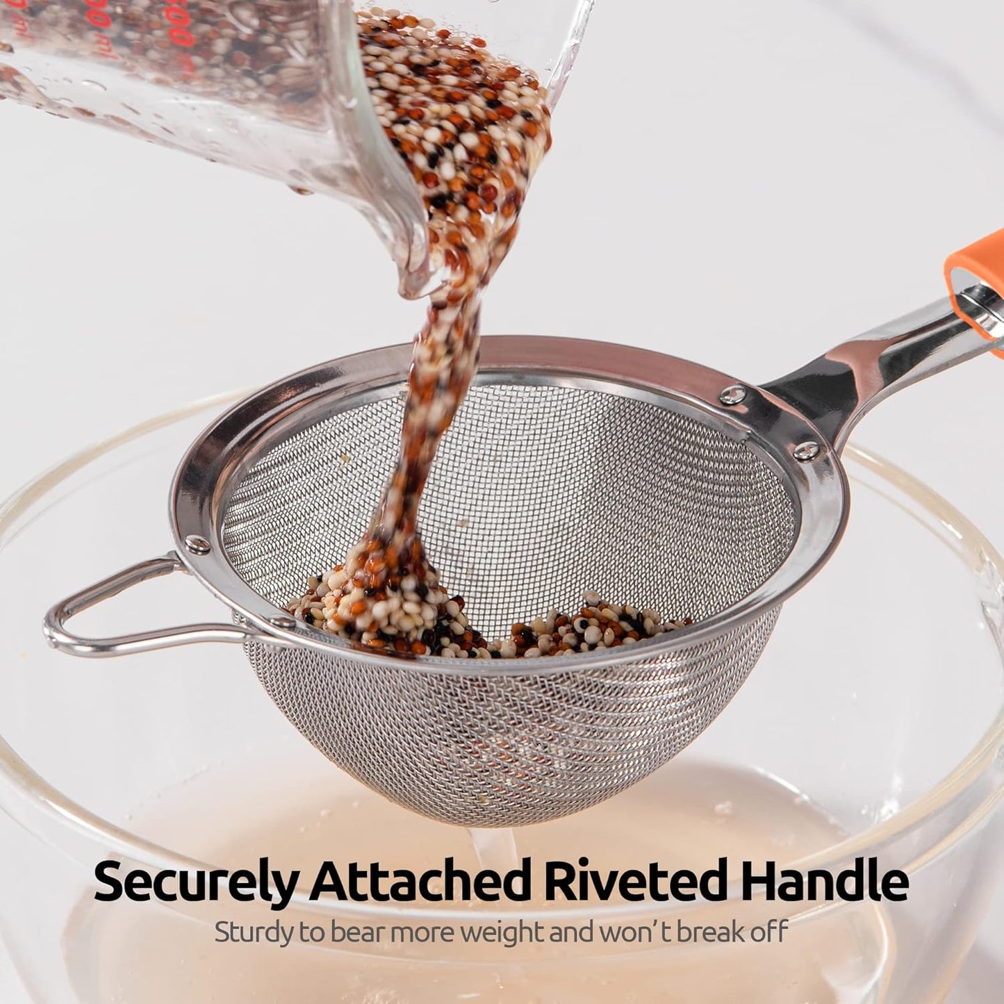 18/8 Stainless Steel Mesh Strainer: U-Taste 5.5 Inch Kitchen Fine Mesh Sieve Food Colander with Riveted Sturdy Silicone Handle and 30 Mesh Hole for Straining Flour, Pasta, Fruit, Quinoa(Aqua Sky)