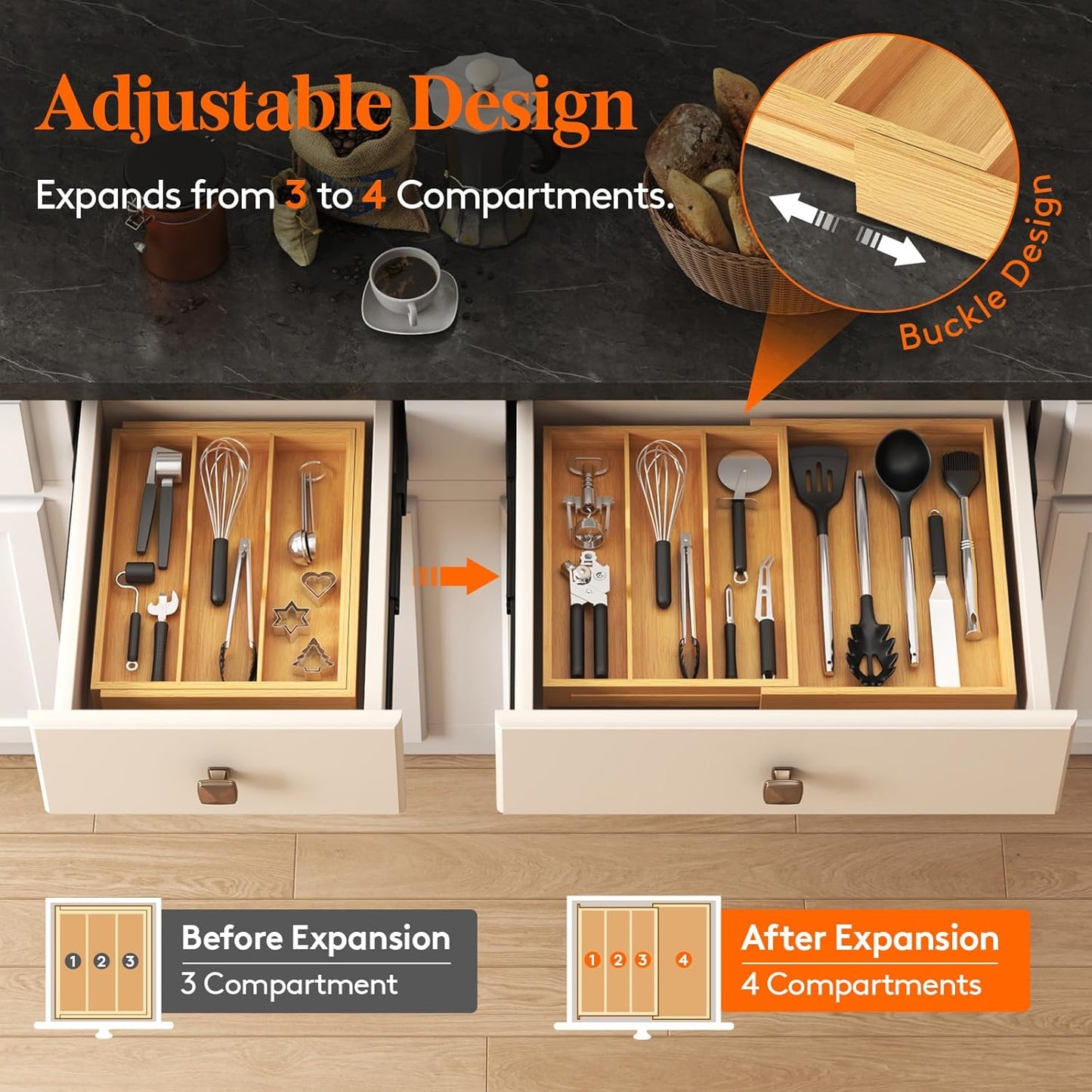 Lifewit Utensil Organizer for Kitchen Drawer, Expandable Cooking Utensil Tray, Cutlery Silverware Flatware Holder, Wood Adjustable Spatula Tools Storage Divider, 8.9-15.8 x 15.75, Natural
