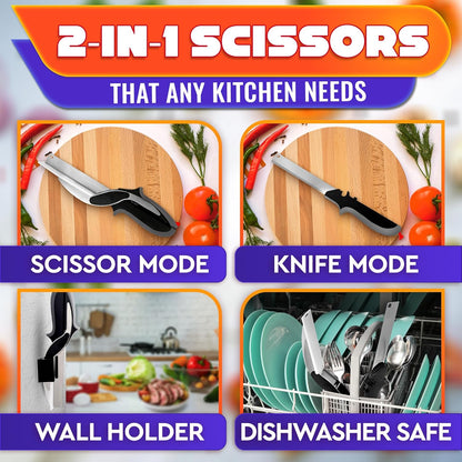 2 in 1 Kitchen Scissors for Food – Stainless Steel Blade & Plastic Cutting Board Scissors with Safety Lock | 9.5" Tomato Knife, Fruit & Vegetable Cutter – Easy-to-Use Kitchen Shears for Meat, Cheese