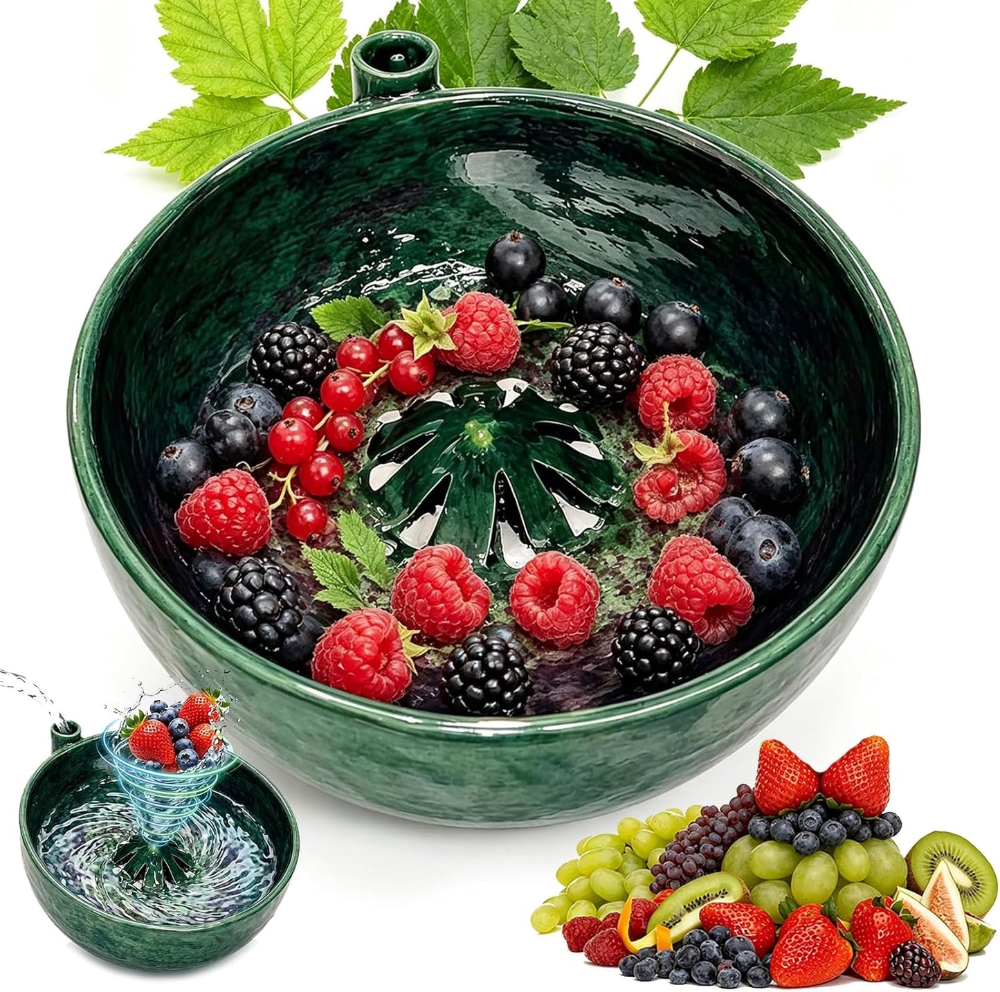 Self Spinning Berry Washing Bowl, Berry Rinse Bowls with Holes Ceramic, Fruit Washer Spinner with Strainer and Colander, Handmade Berry Colander Vegetables for Kitchen (1pc)