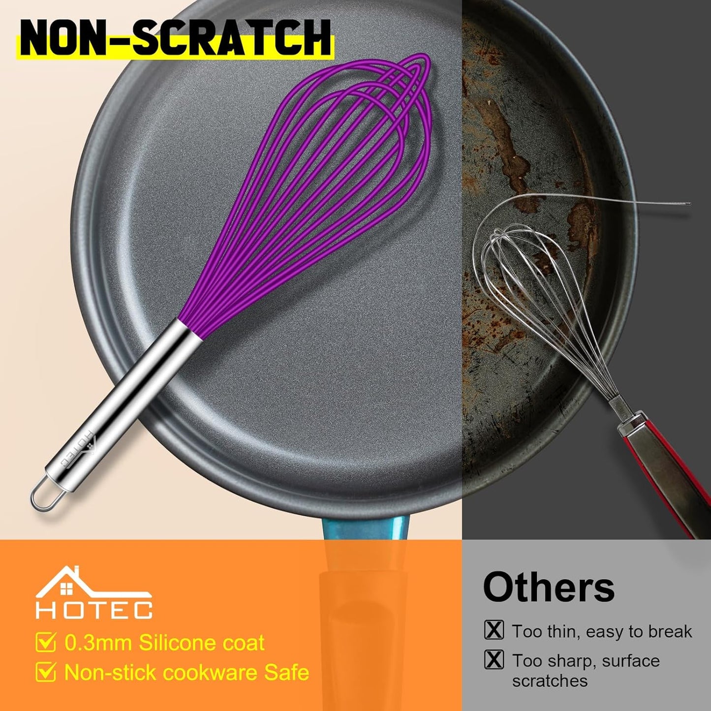HOTEC 4 Pieces Silicone Whisks Set, Wire Balloon Whisks for cooking Egg Beater, Non-slip Handle Whisk for Non-stick Cookware Perfect for Cooking, Stirring, Beating and Blending (Multicolor)
