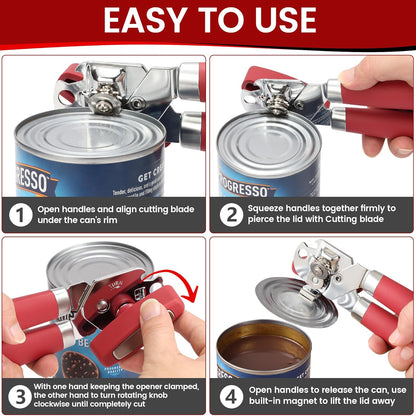 Manual Can Opener Smooth Edge with Magnet, Vayvnt Stainless Steel Handheld Strong Can Bottle Opener, Extra Shape Cutting Blade&Large Turn Knob, Multifunctional 4 In 1 Kitchen Tool for Seniors, Red