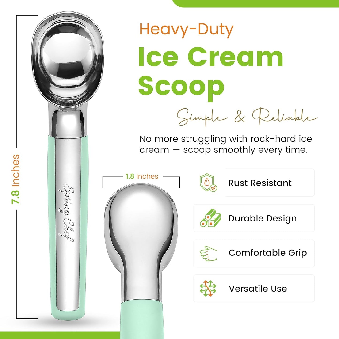 Spring Chef Heavy Duty Metal Ice Cream Scoop - Dishwasher Safe Ice Cream Scooper, Commercial Icecream Scoop Spade, Professional Kitchen Tool for Gelato, Melon, Sundae, Cookie Spoon - Black
