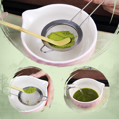 Matcha Whisk Set – Ceramic Matcha Bowl with Pour Spout, Bamboo Whisk, Whisk Holder, Scoop, Sifter – Japanese Matcha Kit for Beginners (Blue)