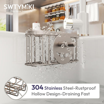 SWTYMIKI Sponge Holder for Kitchen Sink - Movable Kitchen Sink Caddy with M Shape Hook, Stainless Steel Hanging Sponges Caddy Organizer in Double Bowl Sinks Depth>3.15in, Middle Divider<1.5in, Black