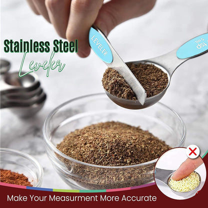 Magnetic Measuring Spoons Set of 9 Stainless Steel Dual-Sided Stackable Measuring Spoon Nesting Teaspoons Measuring Dry and Liquid Ingredients, Fits in Spice Jars Set of 9 (Yellow)