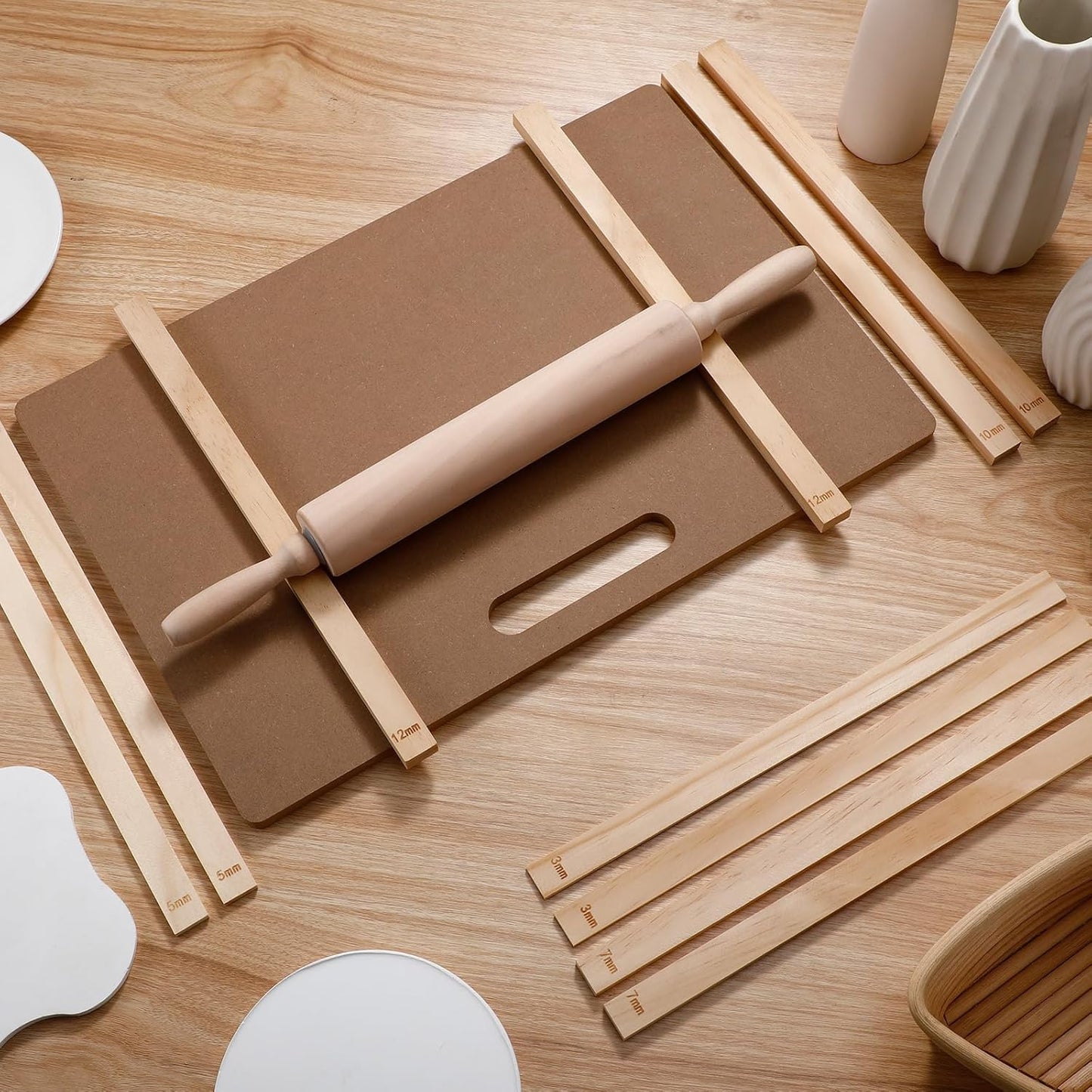 Newtay 12 Pcs Pottery Tools Include 1 Wood Rolling Pin Sculpting Polymer Clay Tools 1 Portable Pottery Wedging Board/Linen Tablecloth and 10 Pcs 5 Size Teaching Rolling Mud Stick Guide (Tablecloth)