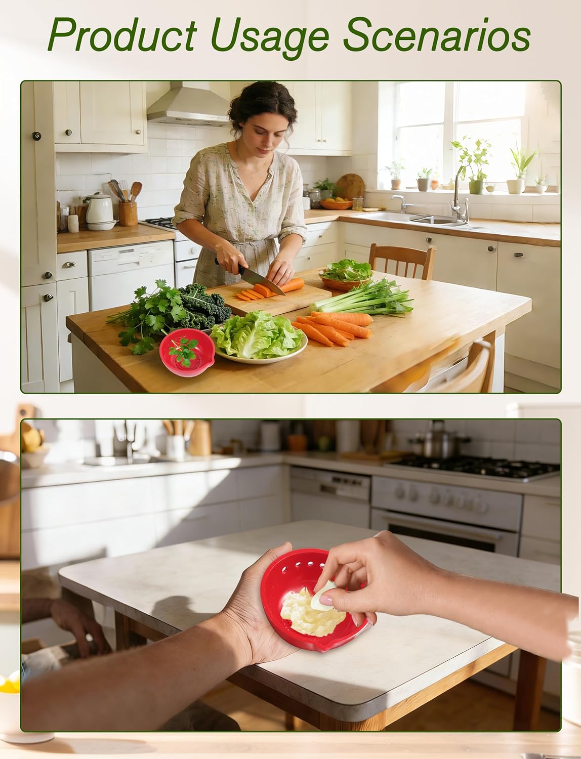 Herb Stripper & Garlic Grater, 2-In-1 7-Hole Design Herb Stripper Bowl, Built-in Garlic Grater Plate for Kale, Chard, Collard Greens, Thyme, Basil, Rosemary (Red)