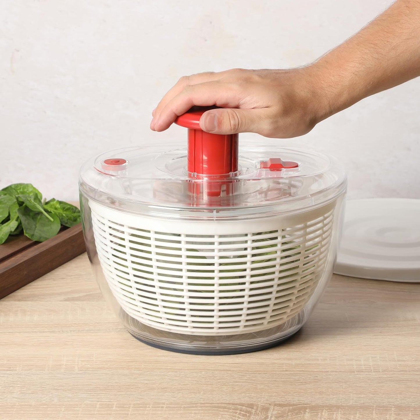 Sur La Table Kitchen Essential 6.3 Qt Salad Spinner, Fruit Wahser, Fruit Washing Bowl with Strainer, Vegertable Cleaner, Salad Cleaner, Lettuce Washer - Juniper Green