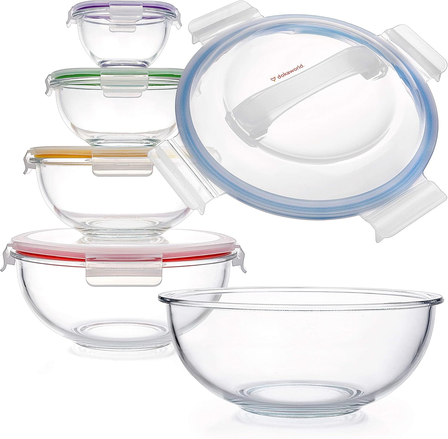 Set of 5 Nesting Glass Bowls with New Updated Acacia Lids for Foodprep, Storage, Mixing & Cooking - Microwave & Oven-ready BPA Free Durable Heat Resistant Inert Borosilicate Glass