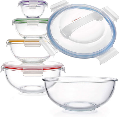Set of 5 Nesting Glass Bowls with New Updated Acacia Lids for Foodprep, Storage, Mixing & Cooking - Microwave & Oven-ready BPA Free Durable Heat Resistant Inert Borosilicate Glass