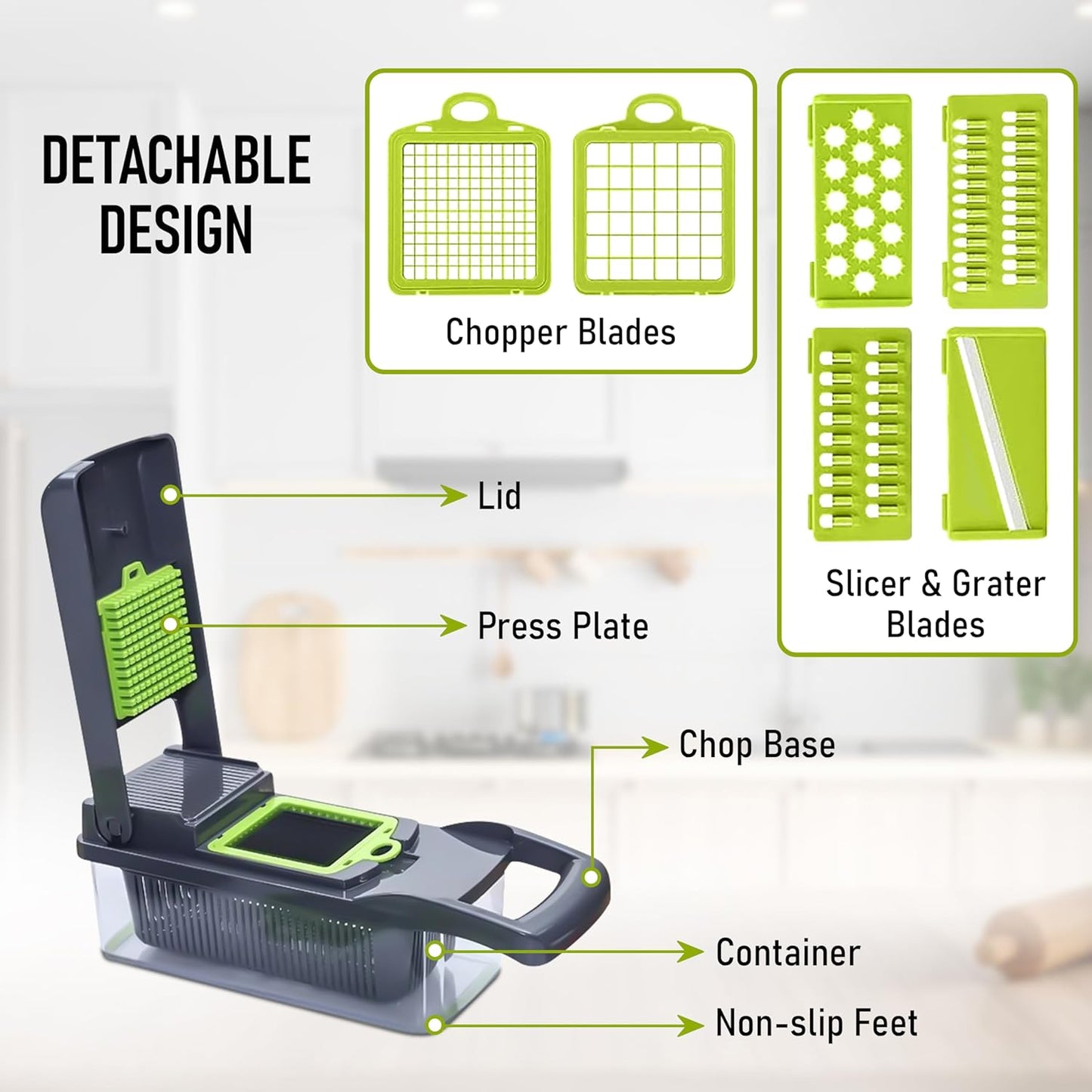 Vegetable Chopper with Container - Pro 12 in 1 Mandoline Slicer - Multifunctional Vegetable Dicer with Top Handle, Drain Basket, Egg Separator & 8 Versatile Blades - Manual Veggie Cutter for Kitchen