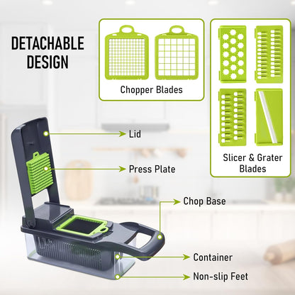 Vegetable Chopper with Container - Pro 12 in 1 Mandoline Slicer - Multifunctional Vegetable Dicer with Top Handle, Drain Basket, Egg Separator & 8 Versatile Blades - Manual Veggie Cutter for Kitchen