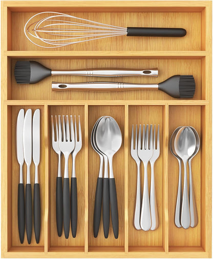 Lifewit Silverware Drawer Organizer, Utensil Tray for Kitchen, Flatware and Cutlery Holder, Storage for Spoons Forks Knives, 6.7 x 12", Natural