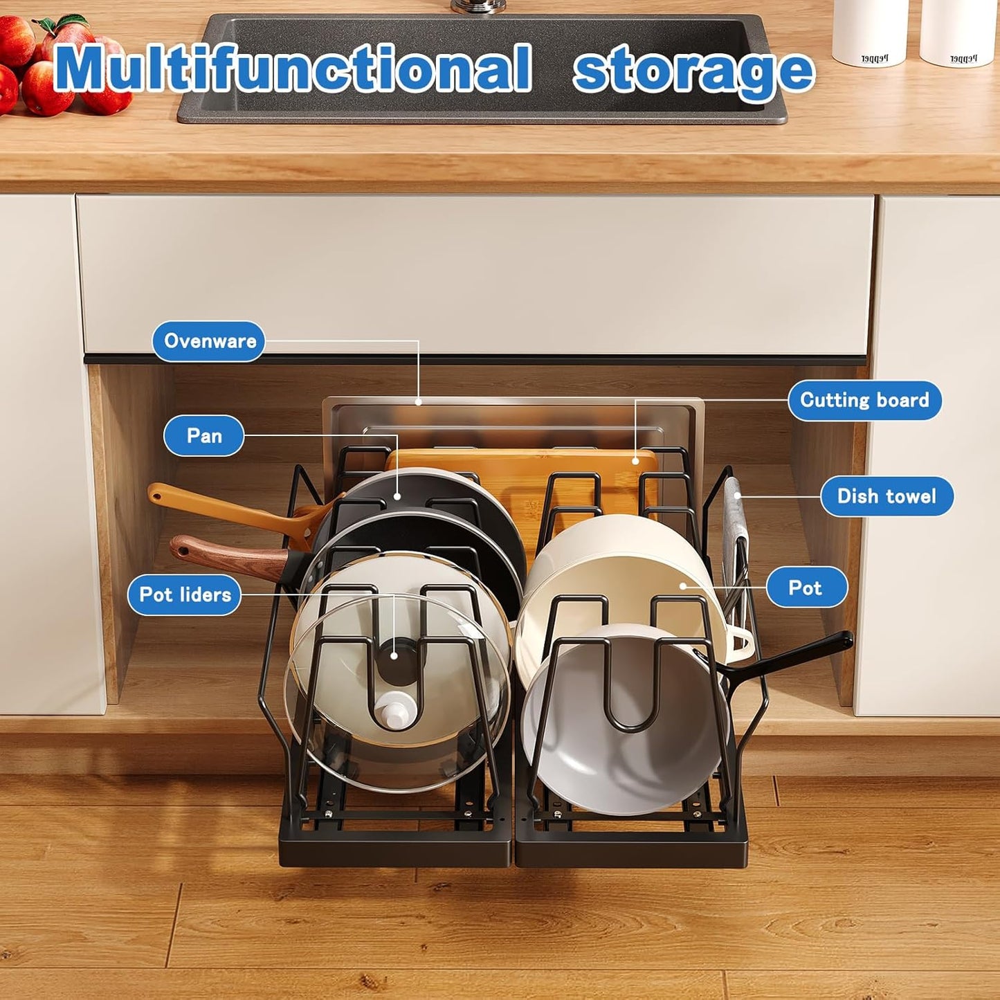 Mustorn 2 Pack Pots and Pans Organizer Under Cabinet, 22" Expandable Food Storage Container Lid Organizers with 9 Adjustable Dividers Pot and Pan Lid Holders Rack Inside Cabinet/Countertop(White)