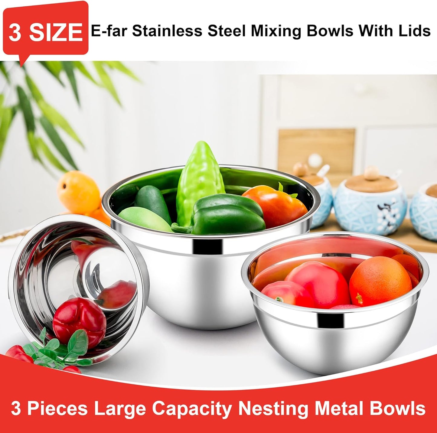 E-far Mixing Bowls with Lids, 6-Piece Stainless Steel Salad Bowls Metal Nesting Bowls for Baking Cooking and Prepping, Airtight Lids & Stackable Design, Size 4.5, 3, 1.5 QT (Black)
