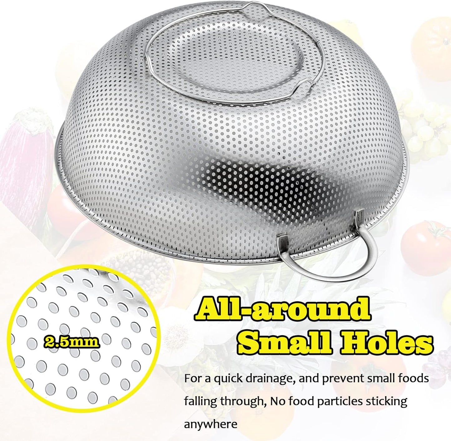 P&P CHEF Stainless Steel Colander, Micro-Perforated Food Strainer with Handle for Washing Draining, Great for Pasta Fruits Vegetables, Dishwasher Safe & Healthy, 1 +3 Qt, 2Pcs