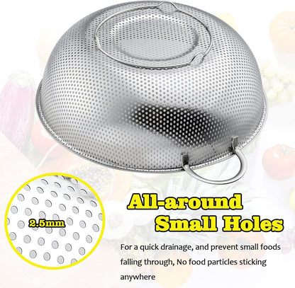 P&P CHEF Stainless Steel Colander, Micro-Perforated Food Strainer with Handle for Washing Draining, Great for Pasta Fruits Vegetables, Dishwasher Safe & Healthy, 1 +3 Qt, 2Pcs
